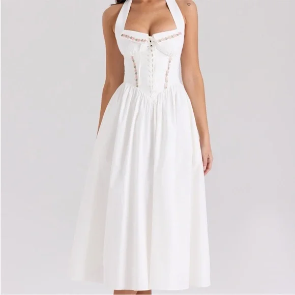 white cotton halter dress Trina Turk Samantha Midi Dress, 12 / Blue